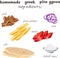 Ingredients with pictures for traditional homemade Greek souvlaki pita gyros