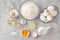 Ingredients for the preparation of challah bread dough, flour, water, sugar, eggs, yeast, oil, salt. Top view, copy space