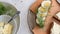 Ingredients for preparing healthy farm breakfast - eggs, whole wheat black bread, goat cream cheese and fresh  fennel