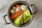 Ingredients for preparing a vegetable broth or soup - carrots, Savoy cabbage, onions, cauliflower, celery root, parsley root and