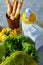 Ingredients for school lunch and plastic container on the table, close-up, selective focus