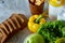 Ingredients for school lunch and plastic container on the table, close-up, selective focus