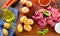 Ingredients for stew or goulash on old cutting board.