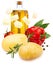 Ingredients for stew. Potatoes, red pepper, olive oil, bay leaf, black pepper and rosemary. Isolated on white background