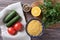 Ingredients for Tabouli Salad or Tabule, Tabbouleh - simple Mediterranean salad with vegetables and bulgur.