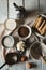 Ingredients for tiramisu on the white wooden background