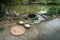 Ingredients to make Chung cake, the Vietnamese traditional lunar new year food, by old well and pond