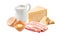 Ingredients for traditional pasta carbonara sauce. Italian bacon, cream, egg yolk and parmesan cheese isolated on white background