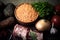 Ingredients for Turkey vegetable soup with red lentils, lying on