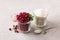 Ingredients for vegan cranberry pudding or porridge: semolina, fresh cranberries, vanilla sugar on light beige background