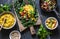 Ingredients for vegetarian chard packets. Chard leaves stuffed with turmeric lentils and vegetables. Vegetarian healthy food