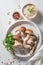 Ingredients for vegetarian risotto with boletus mushrooms and parsley