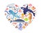 The inhabitants of the underwater world - fish, mammals, mollusks located in the shape of a heart - vector print.