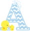Initial a with bubbles and cute baby rubber duck