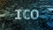 Initial Coin Offering ICO text written in binary format on wired network connection over abstract geometry background.