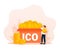 Initial coin offering, ICO Token production process vector illustration. Cryptocurrency trading desk, bitcoin futures