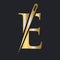 Initial Letter E Tailor Logo, Needle and Thread Combination for Embroider, Textile, Fashion, Cloth, Fabric, Golden Color Template