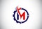 Initial M monogram alphabet with gear pipe and flame. Oil and gas logo concept. Font emblem. Modern vector logo for petroleum