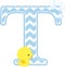 Initial t with bubbles and cute baby rubber duck