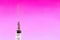 injection syringe vertically with needle on pink background