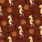 Injun playing music on pipe and ritually dancing on ethical pattern background. Seamless pattern red indian man on brown