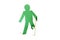 An injured green stick figure with a walking stick over white background
