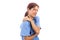 Injured hospital woman nurse or doctor holding painful shoulder