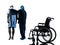 Injured man walking away from wheelchair with nurse silhouette