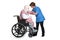 Injured man wheelchair with nurse lifting