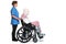 Injured man in wheelchair with nurse pushing