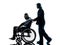 Injured man in wheelchair with nurse silhouette