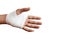 Injured painful hand with white gauze bandage. isolated on white