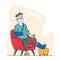 Injured Patient Man with Bounded Leg, Head and Arm Holding Bottle with Pills Sit in Armchair at Home or Hospital
