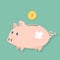 Injured Piggy bank stand on the floor and dollar coin will fill to the coin slot, cute pig flat design