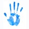 Ink blue human handprint. Palm on a white background