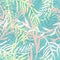 Ink camouflage wallpaper, seamless pattern with leafs and twigs. Tropical nature, plants ferns in bright pastel colors for summer.