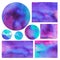 Ink circles and rectangles. Abstract purple, magenta and turquoise layouts for stickers, business cards, and invitations.