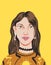 Ink and color portrait drawing of a young woman with long brown hair and orange sweater on yellow background