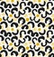 Ink drawn abstract pattern. Seamless background with black splashes and golden spirals.