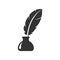 Ink feather quill with inkwell bottle black vector glyph icon.