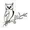 Ink Hand drawn owl on a branch. Black and white Halloween festive illustration