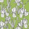 Ink hand drawn pattern with irises flowers on green background