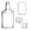 Ink hand drawn vector sketch of isolated object. Scotch whisky whiskey glass square bottle with label and rocks