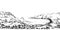 Ink hand drawn vector sketch. Seamless border. Scotland scenic landscape with lake, hills, mountains, rock wall, ancient