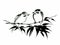 Ink illustration of two birds on bamboo. Sumi-e style.