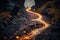 Ink Lava River Pathway: Glacial, Fireflies Twinkle, Tilt-Shift, generative ai