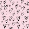 Ink texture large hearts seamless pattern. Black design on pink background