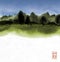 Ink wash painting with green forest and cloudy sky. Traditional Japanese ink wash painting sumi-e. Hieroglyphs -