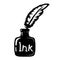 Inkwell and quill pen black and white illustration