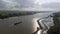 Inland container vessel on River Lek aerial view, the Netherlands